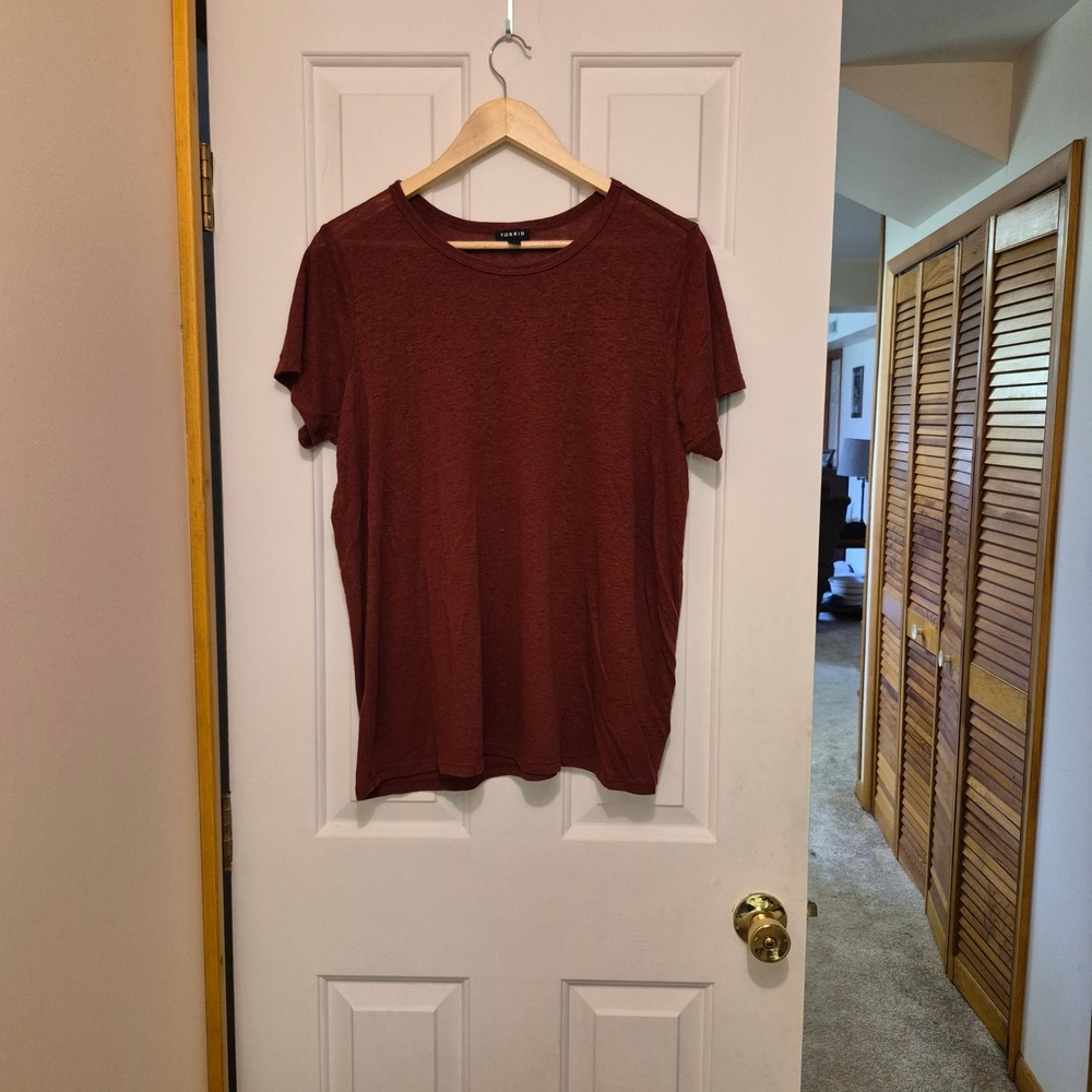 Torrid Short Sleeve Crew Neck‎ Slub Knit Linen Blend Tee Shirt Burgundy Women 1